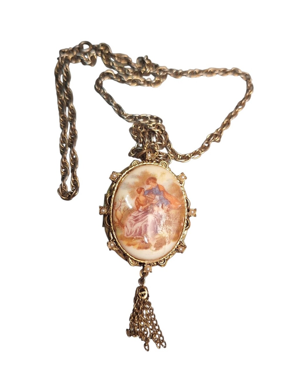 Gold-Tone Victorian Portrait Locket Necklace with Tassel Vintage 80's